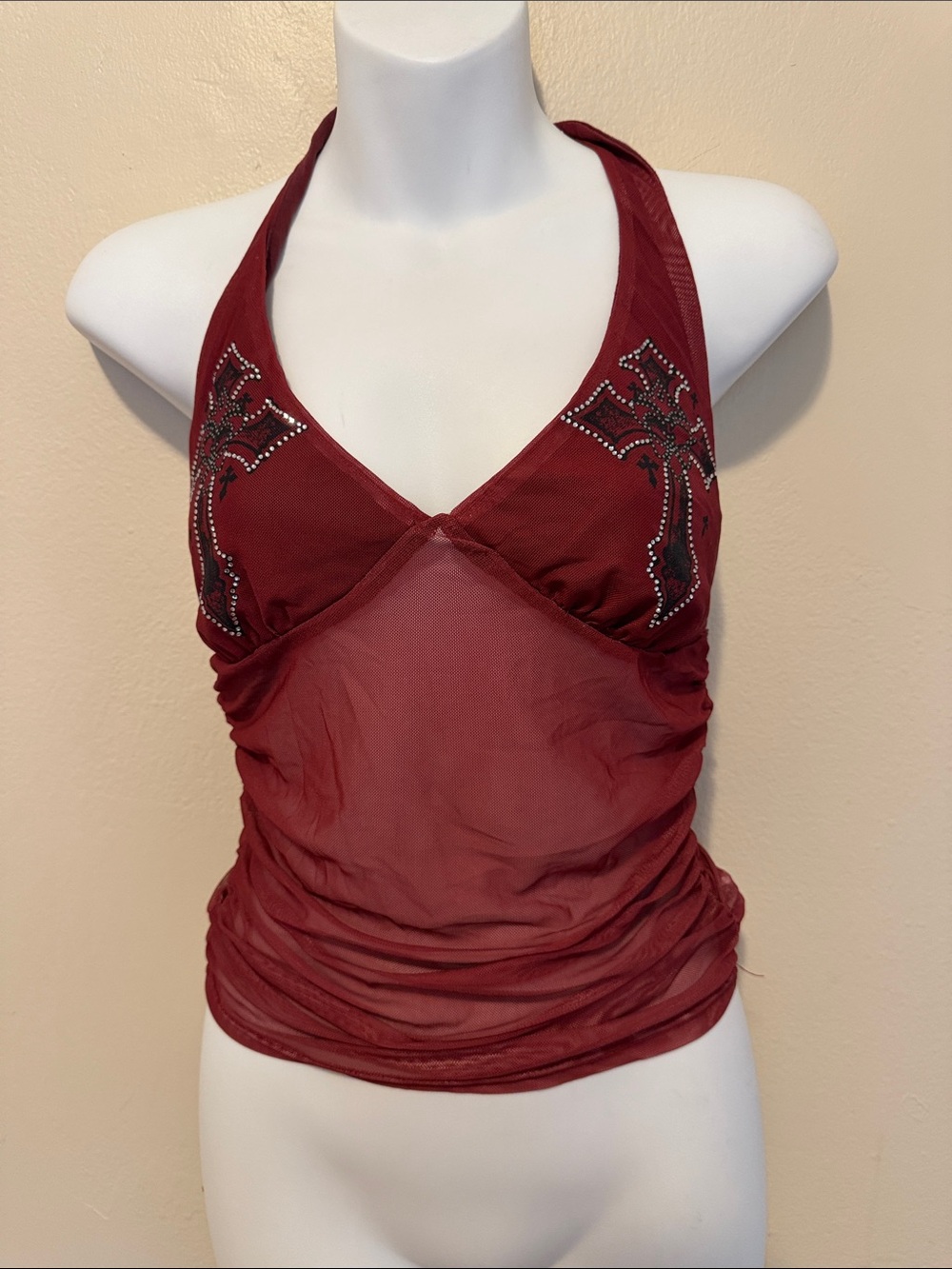 ROMWE Wine Red Mesh Halter Top with Stud Cross Accents
